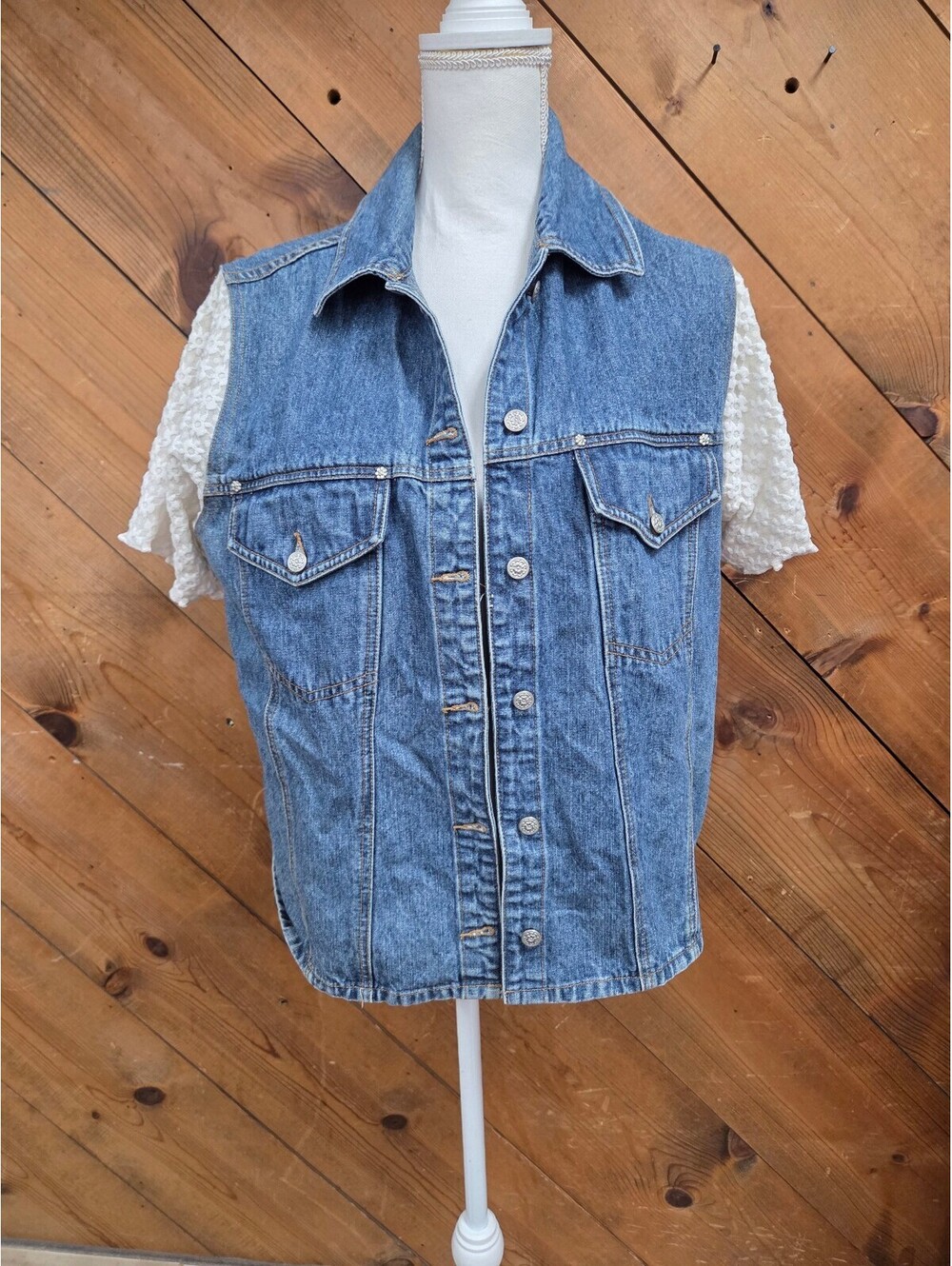 LA Blues Denim Jacket Women's Large White Knit Short Sleeve Shacket Y2K Boho
